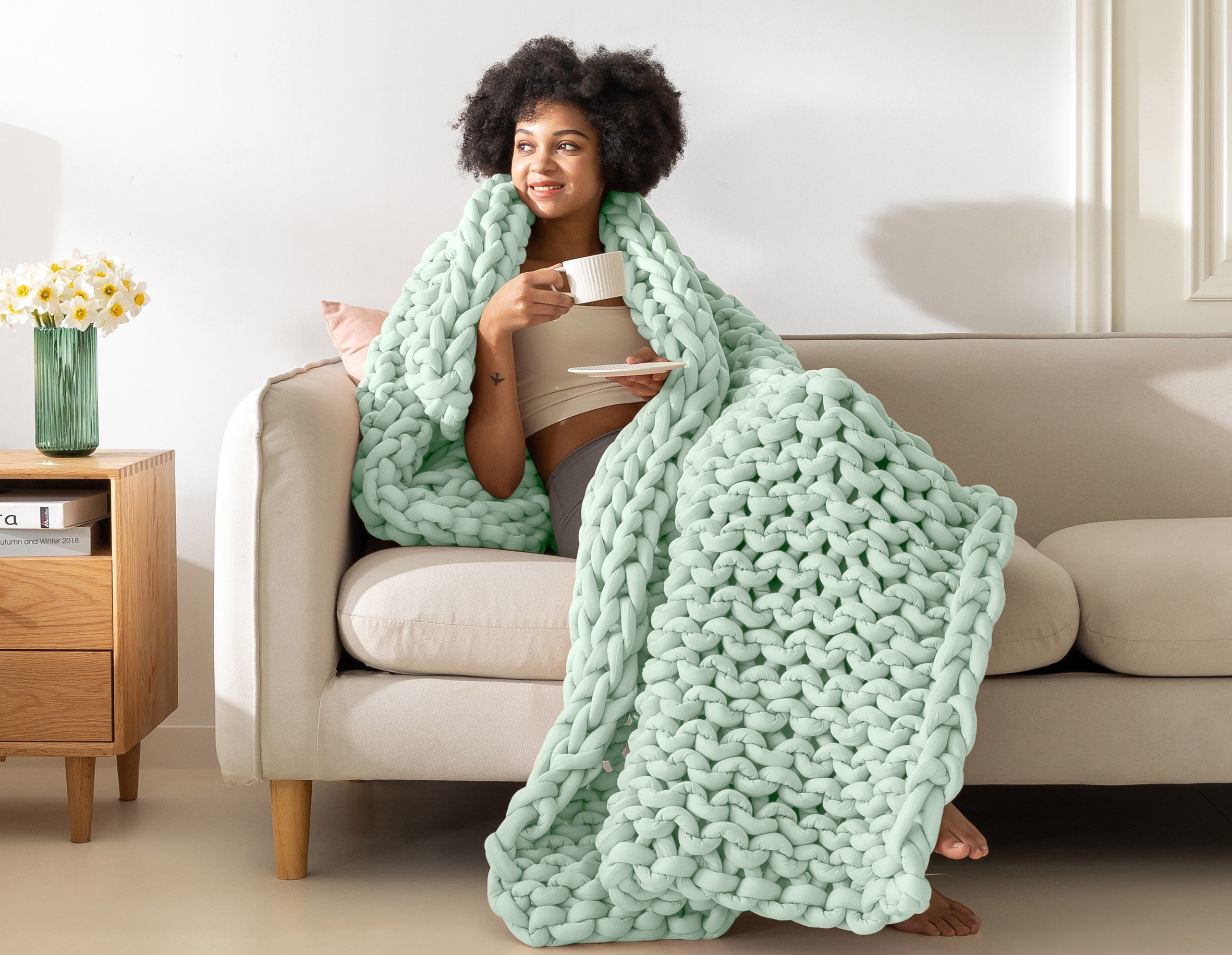 #color_minty green_Knitted Weighted Blanket Rainbow Single