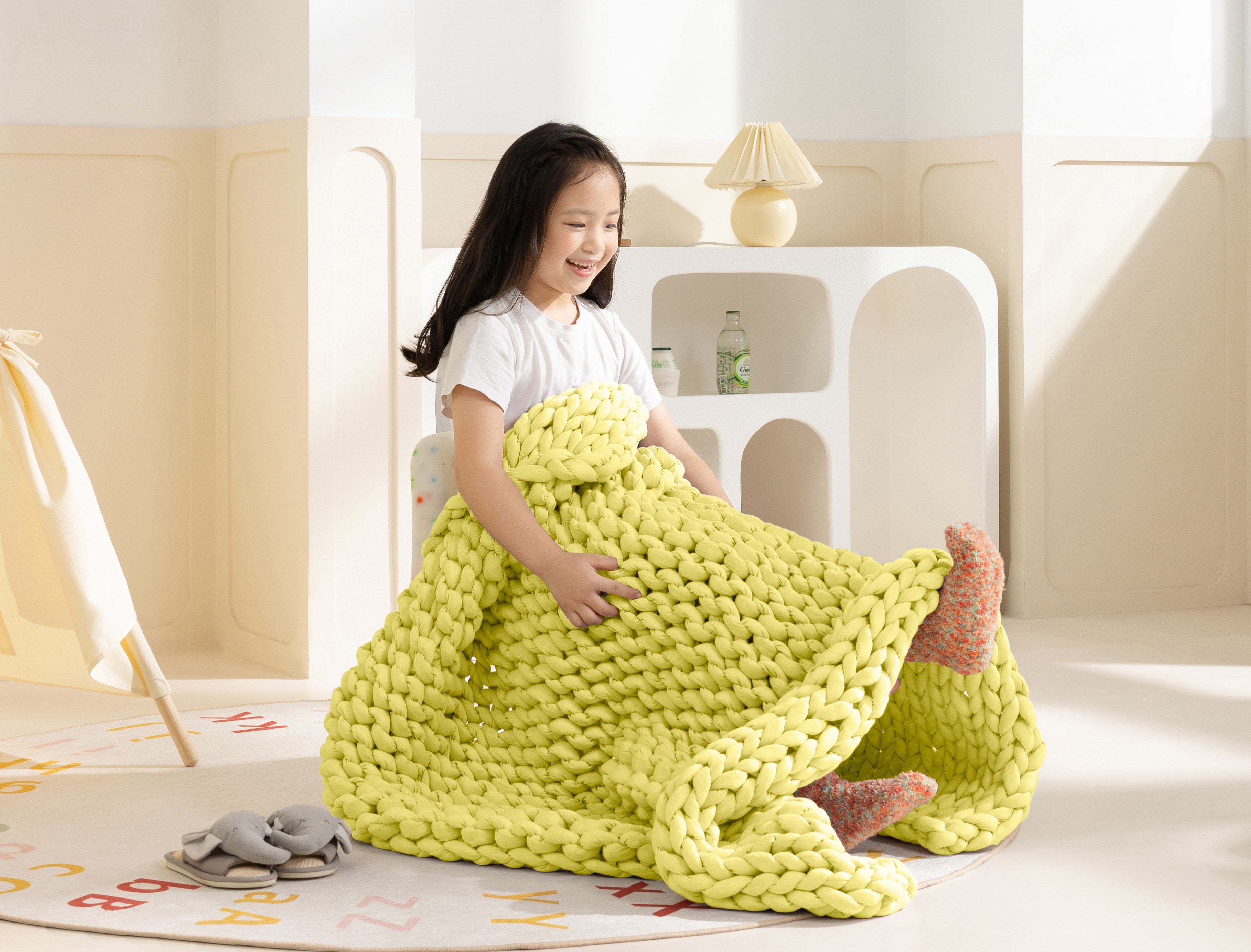 #color_lemon zest_Knitted Weighted Blanket Rainbow Kids